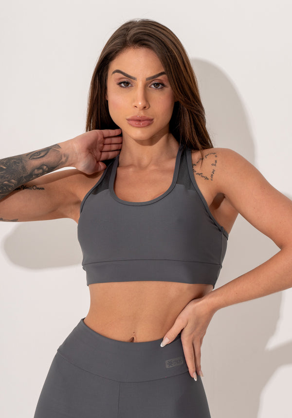 Top Fitness Feminino Nadador Grafite Com Recortes Em Tela Intense Dlk