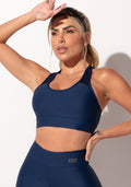 Top Fitness Feminino Nadador Marinho Com Recortes Em Tela Intense Dlk
