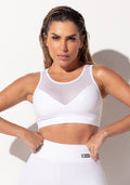 Top Fitness Feminino Branco Com Recortes Em Tela E Detalhe Vazado Intense Dlk