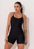 Macacão Curto Fitness Feminino Preto Com Detalhe Em Tela Intense Dlk