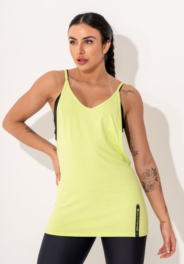 Camiseta Fitness Feminina Viscolycra Verde Limão Maxxi Cava com Silk Intense Dlk