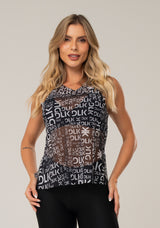 Camiseta Fitness Feminina Preto Estampado Abertura Lateral Frases Intense Dlk