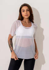 Blusa Fitness Feminina Manga Curta Tule Branco Intense Dlk