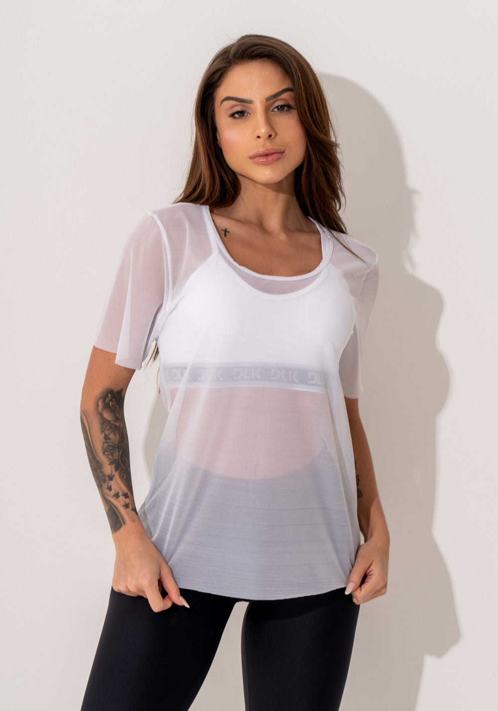 Blusa Fitness Feminina Manga Curta Tule Branco Intense Dlk