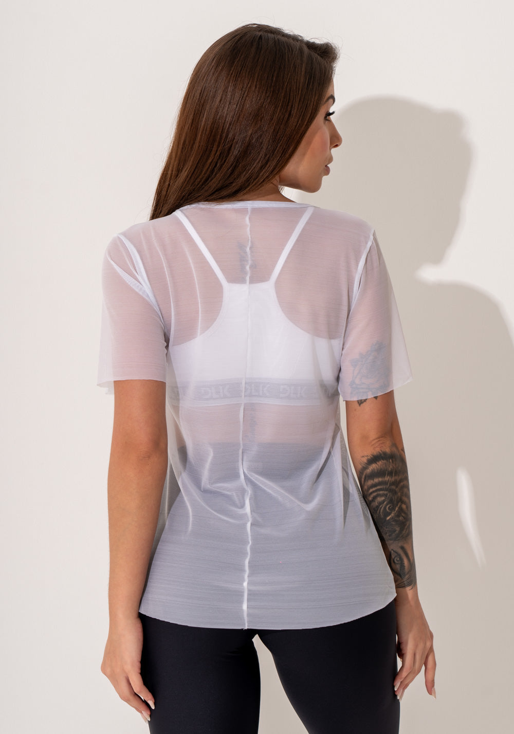 Blusa Fitness Feminina Manga Curta Tule Branco Intense Dlk