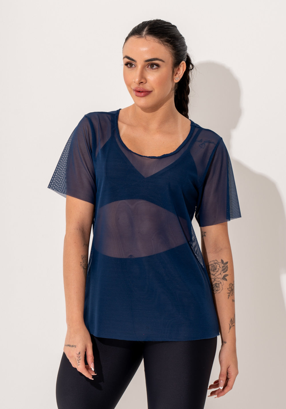 Blusa Fitness Feminina Manga Curta Tule Marinho Intense Dlk