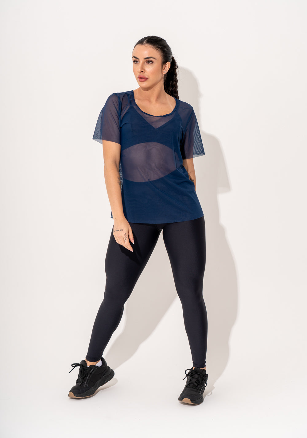 Blusa Fitness Feminina Manga Curta Tule Marinho Intense Dlk