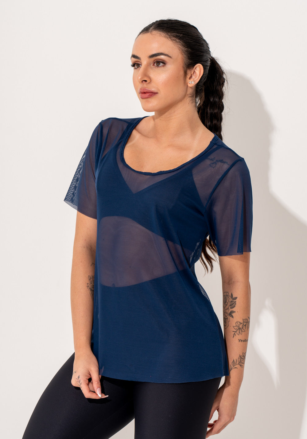 Blusa Fitness Feminina Manga Curta Tule Marinho Intense Dlk