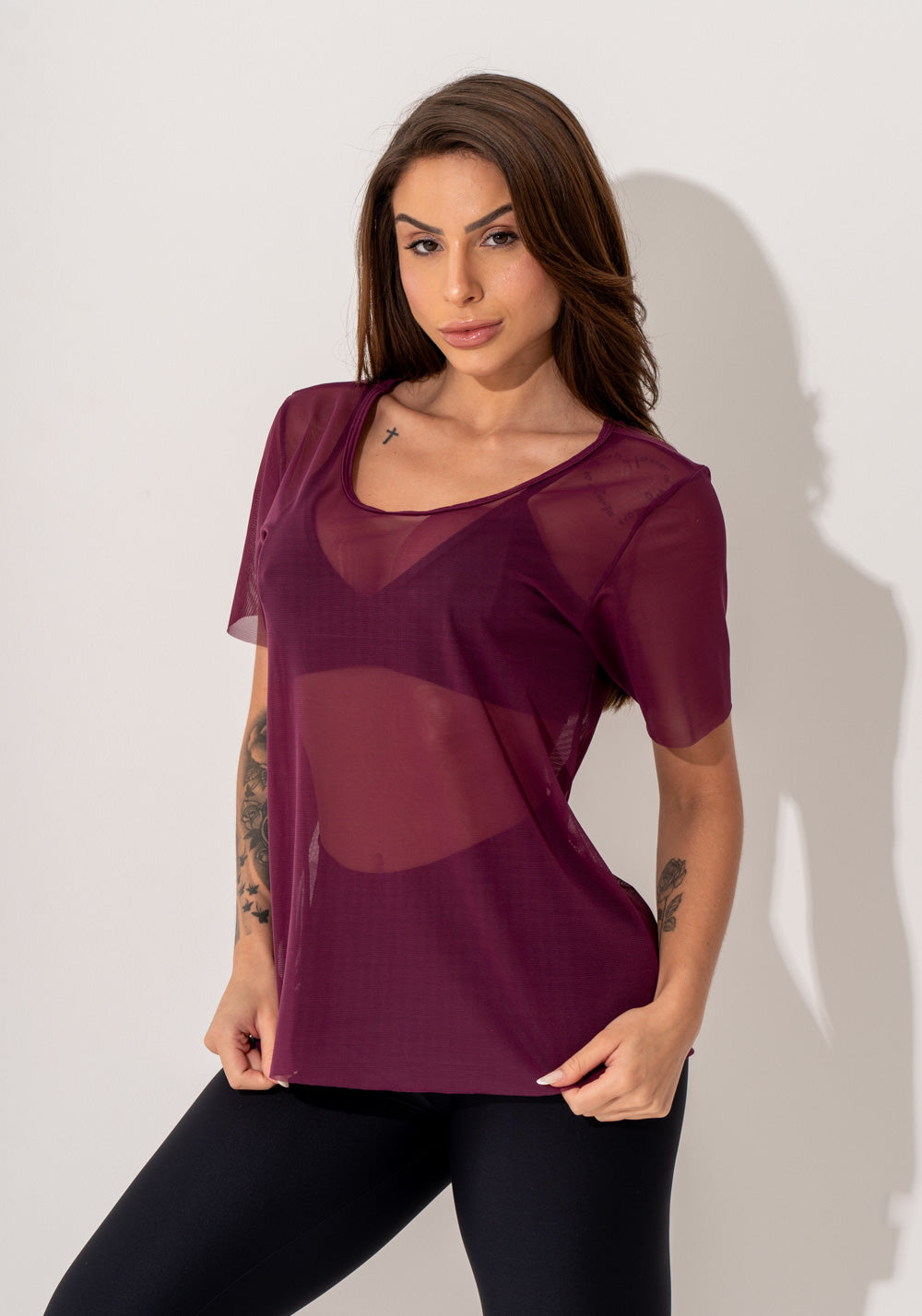 Blusa Fitness Feminina Manga Curta Tule Malbec Intense Dlk