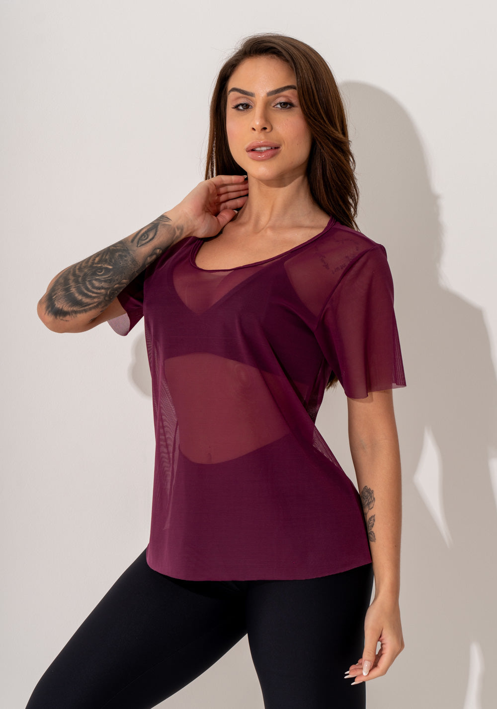 Blusa Fitness Feminina Manga Curta Tule Malbec Intense Dlk
