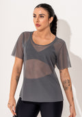 Blusa Fitness Feminina Manga Curta Tule Cinza Intense Dlk