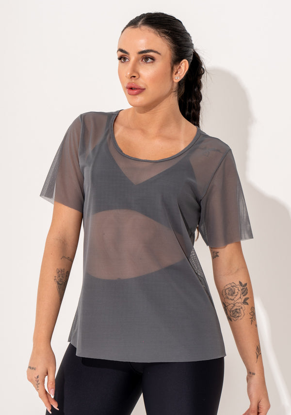 Blusa Fitness Feminina Manga Curta Tule Cinza Intense Dlk