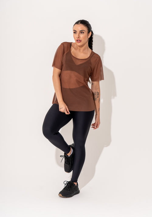 Blusa Fitness Feminina Manga Curta Tule Marrom Intense Dlk