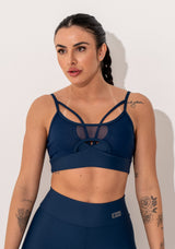 Top Fitness Feminino Marinho Com Tiras Frontais E Detalhe Em Tule Intense Dlk