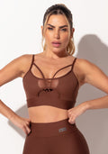 Top Fitness Feminino Marrom Com Tiras Frontais E Detalhe Em Tule Intense Dlk