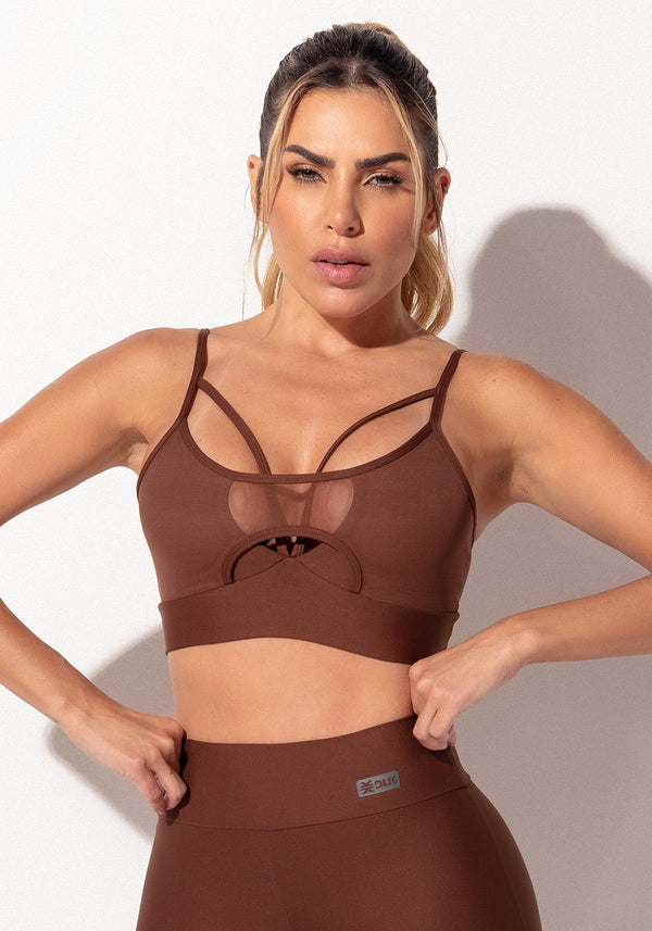 Top Fitness Feminino Marrom Com Tiras Frontais E Detalhe Em Tule Intense Dlk
