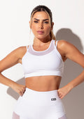 Top Fitness Feminino Branco Com Tule Sobreposto Intense Dlk