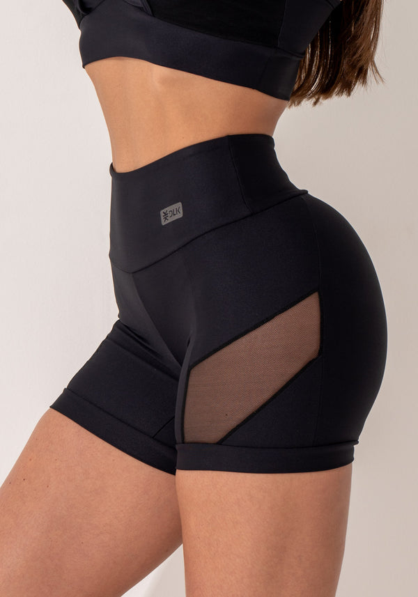 Short Fitness Feminino Preto Com Recorte Lateral Em Tule Intense Dlk