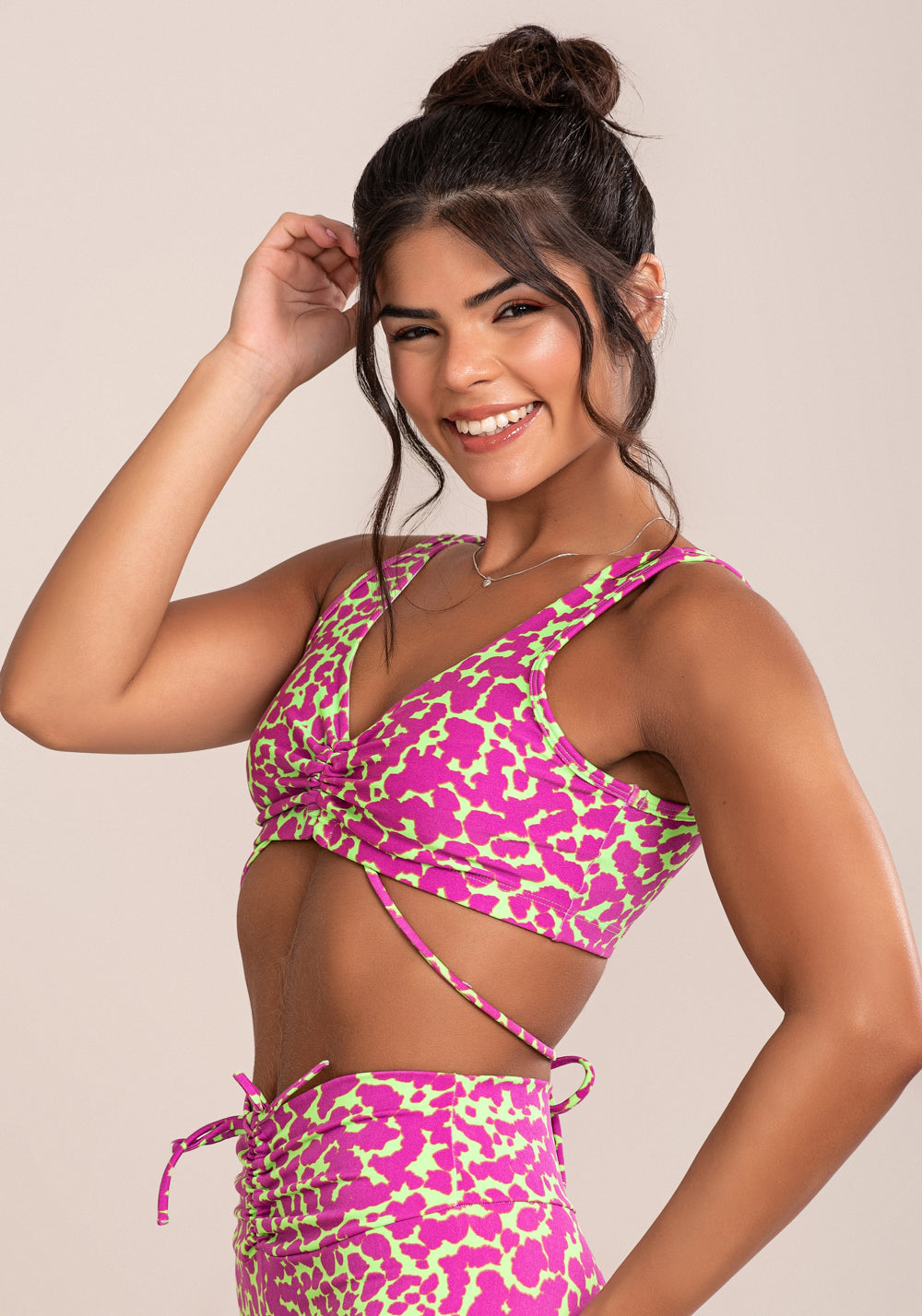 Top Fitness Feminino Euphoria Com Franzido E Amarração Estampa Spot Green Dlk