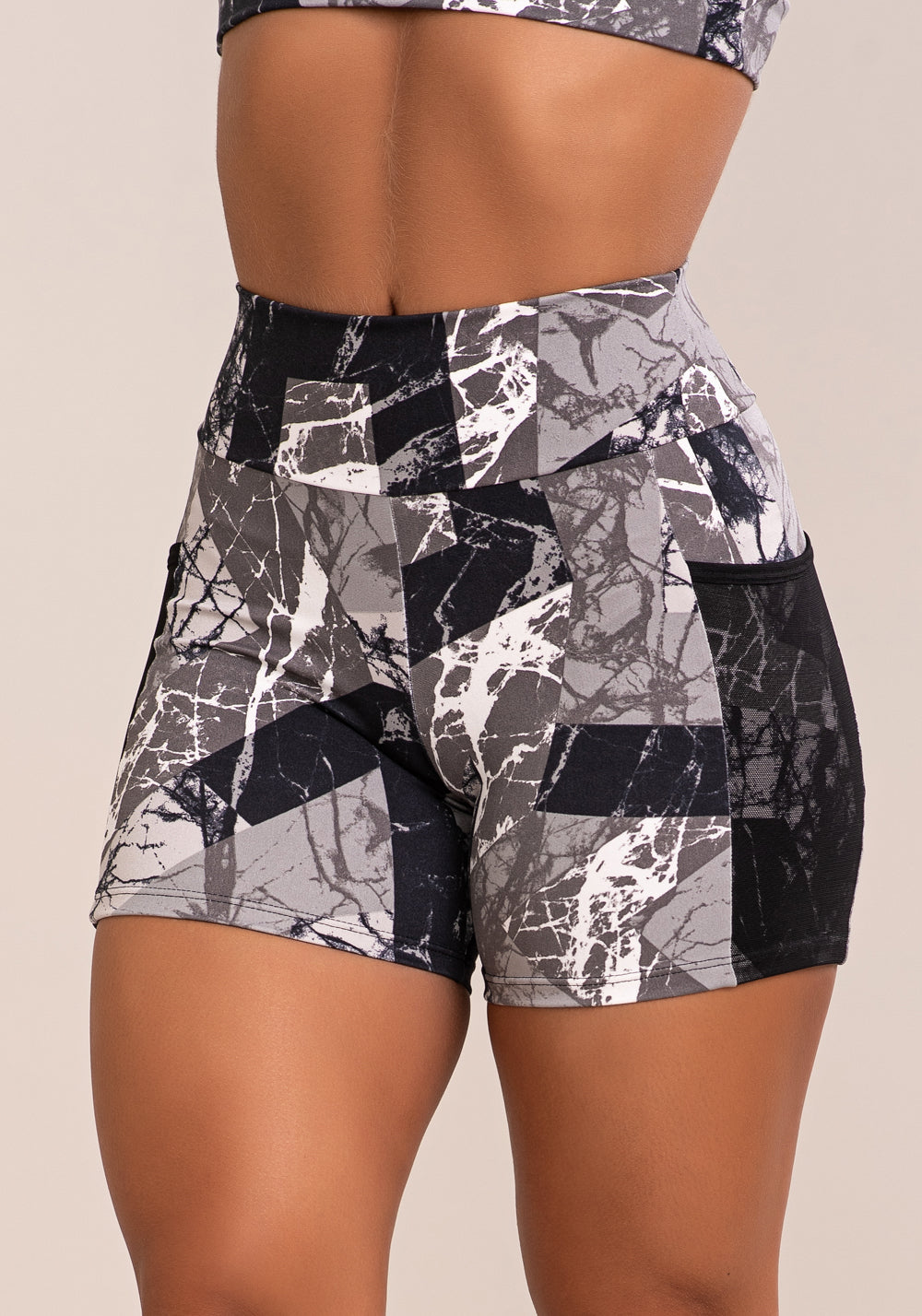 Short Fitness Feminino Euphoria Com Bolso E Tule Estampa Abstract Marble Dlk