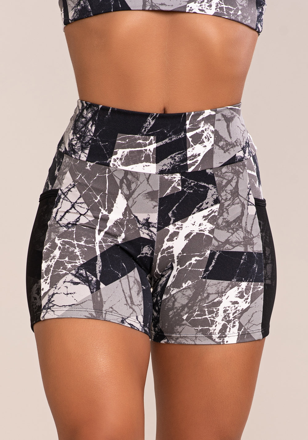Short Fitness Feminino Euphoria Com Bolso E Tule Estampa Abstract Marble Dlk
