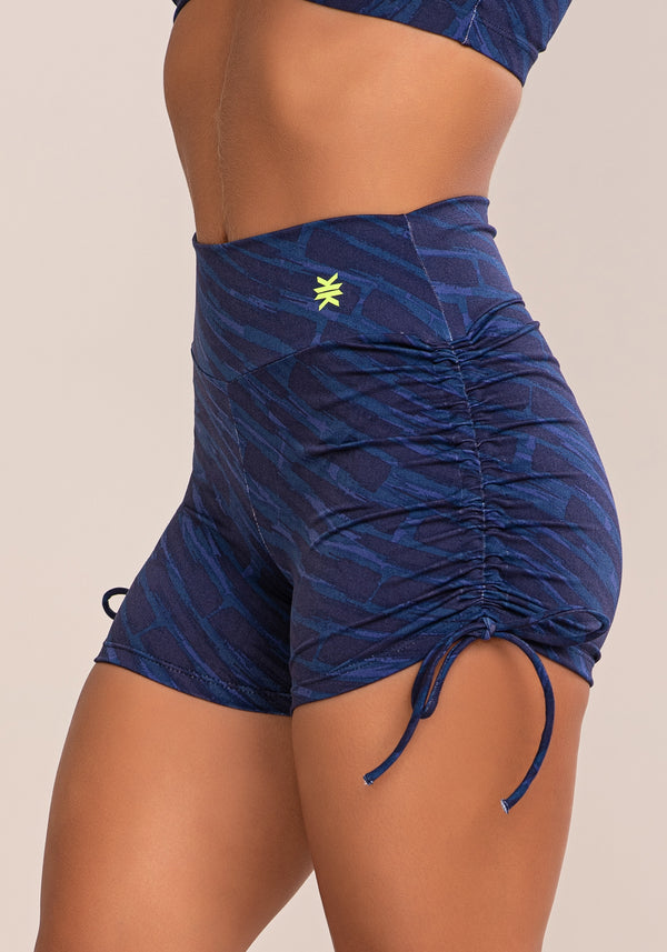 Short Fitness Feminino Euphoria Com Franzido E Amarração Estampa Brush Blue Dlk