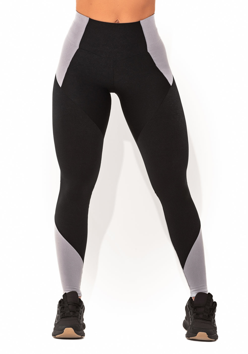 Legging Fitness Feminina Preto E Cinza Com Recortes Canelado Elegance Dlk