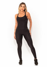 Macacão Fitness Feminino Preto Canelado com Recortes Elegance Dlk