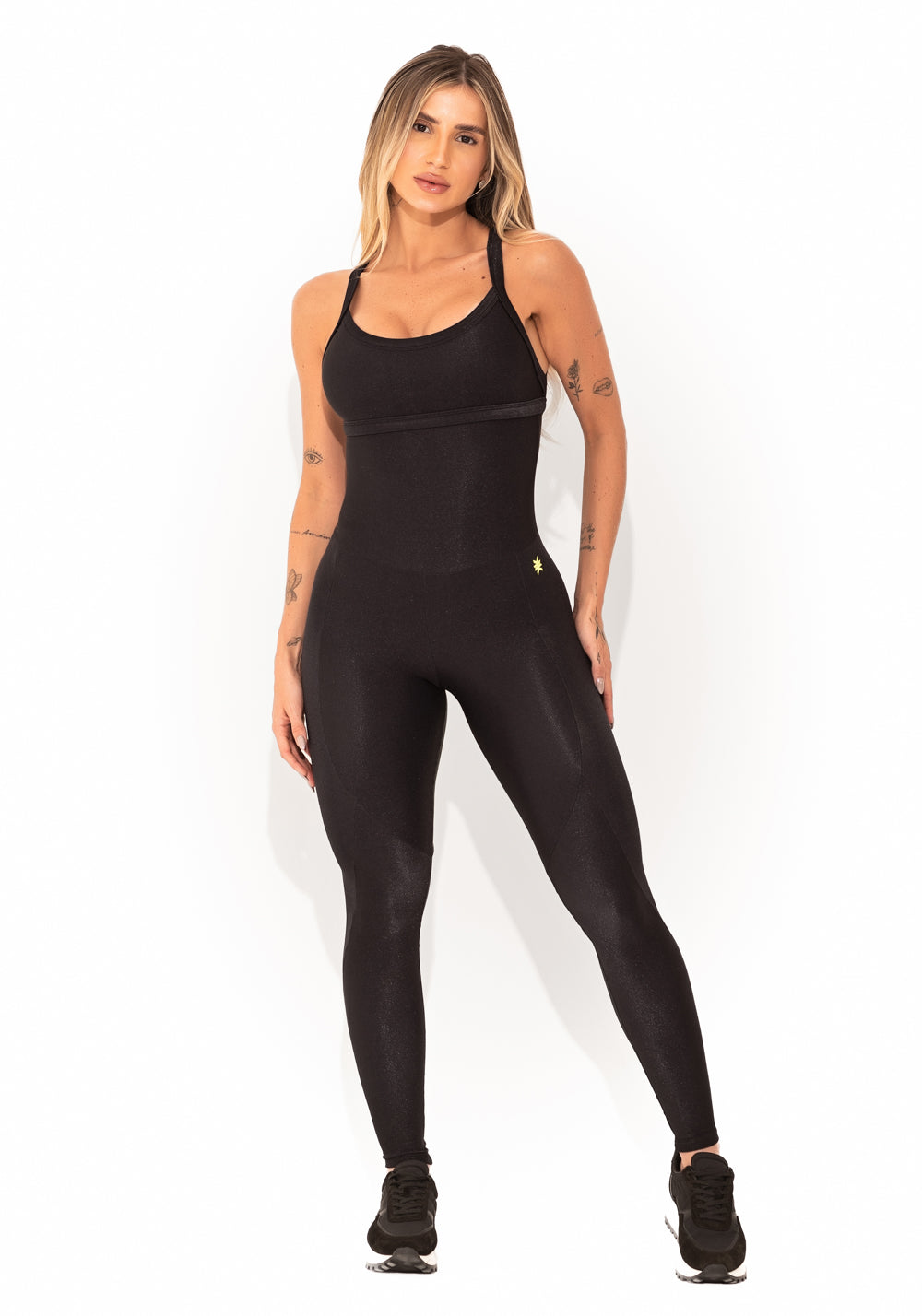 Macacão Fitness Feminino Preto Canelado com Recortes Elegance Dlk