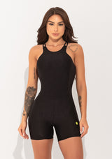 Macacão Curto Fitness Feminino Preto Texturizado com Alças Cruzadas Elegance Dlk