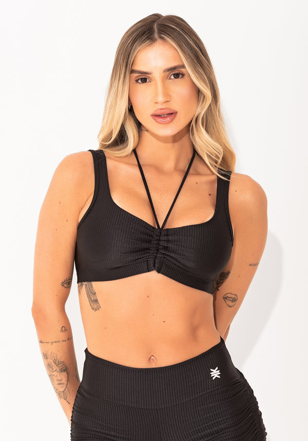 Top Fitness Feminino Preto Canelado Com Amarração Elegance Dlk