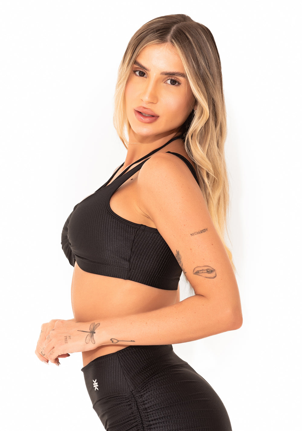 Top Fitness Feminino Preto Canelado Com Amarração Elegance Dlk