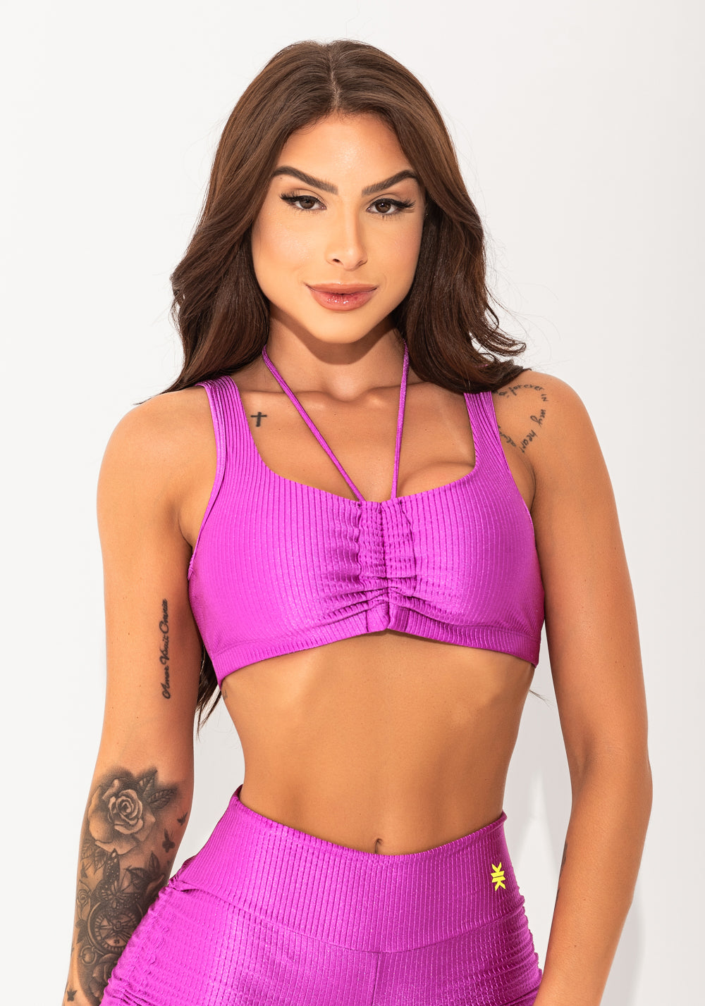 Top Fitness Feminino Rosa Canelado Com Amarração Elegance Dlk