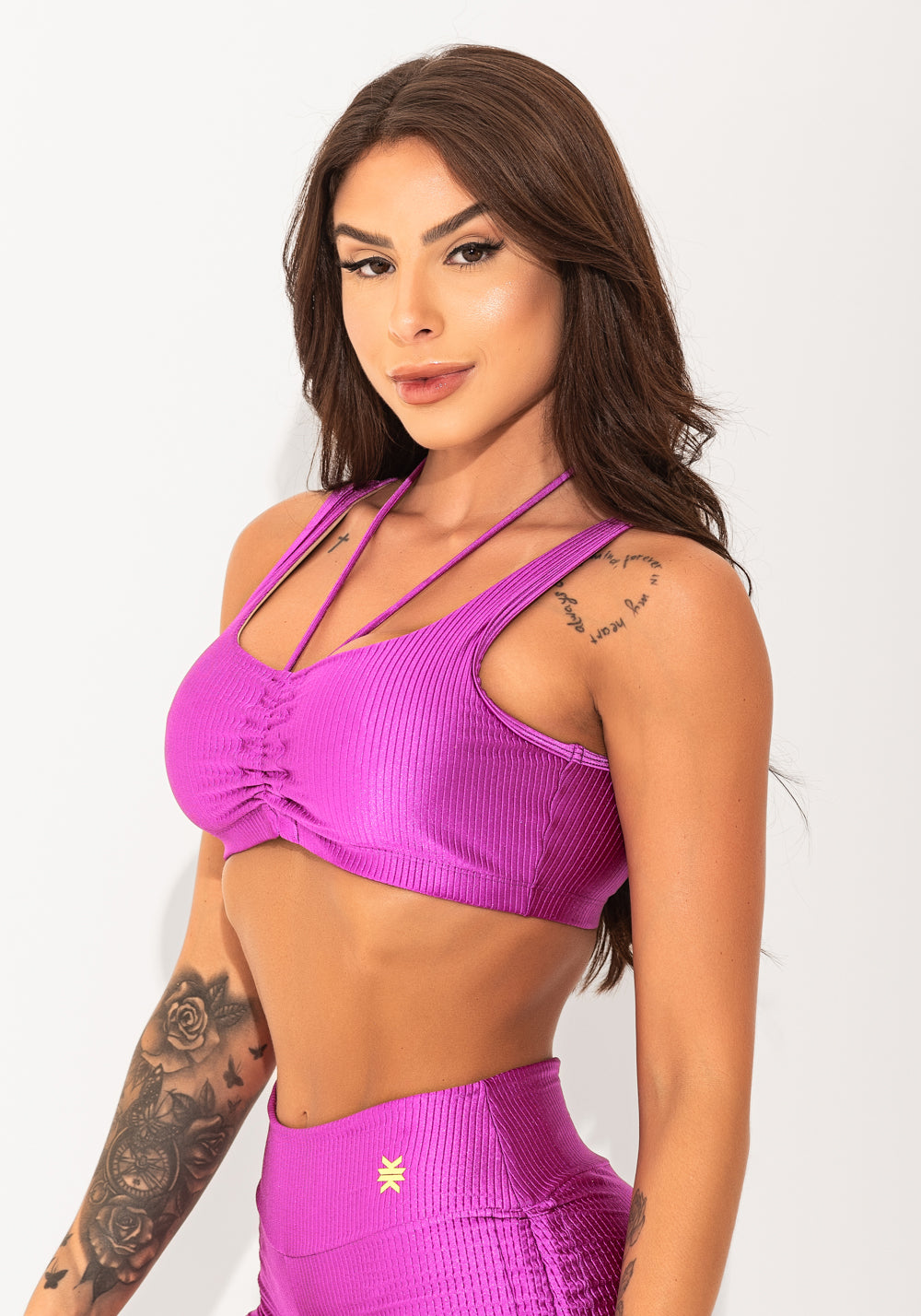Top Fitness Feminino Rosa Canelado Com Amarração Elegance Dlk