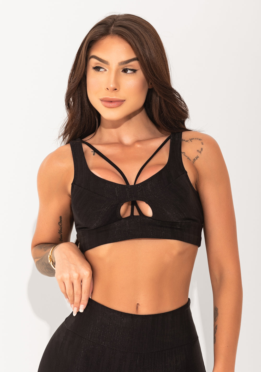 Top Fitness Feminino Preto Texturizado Cut-out Com Recortes Elegance Dlk