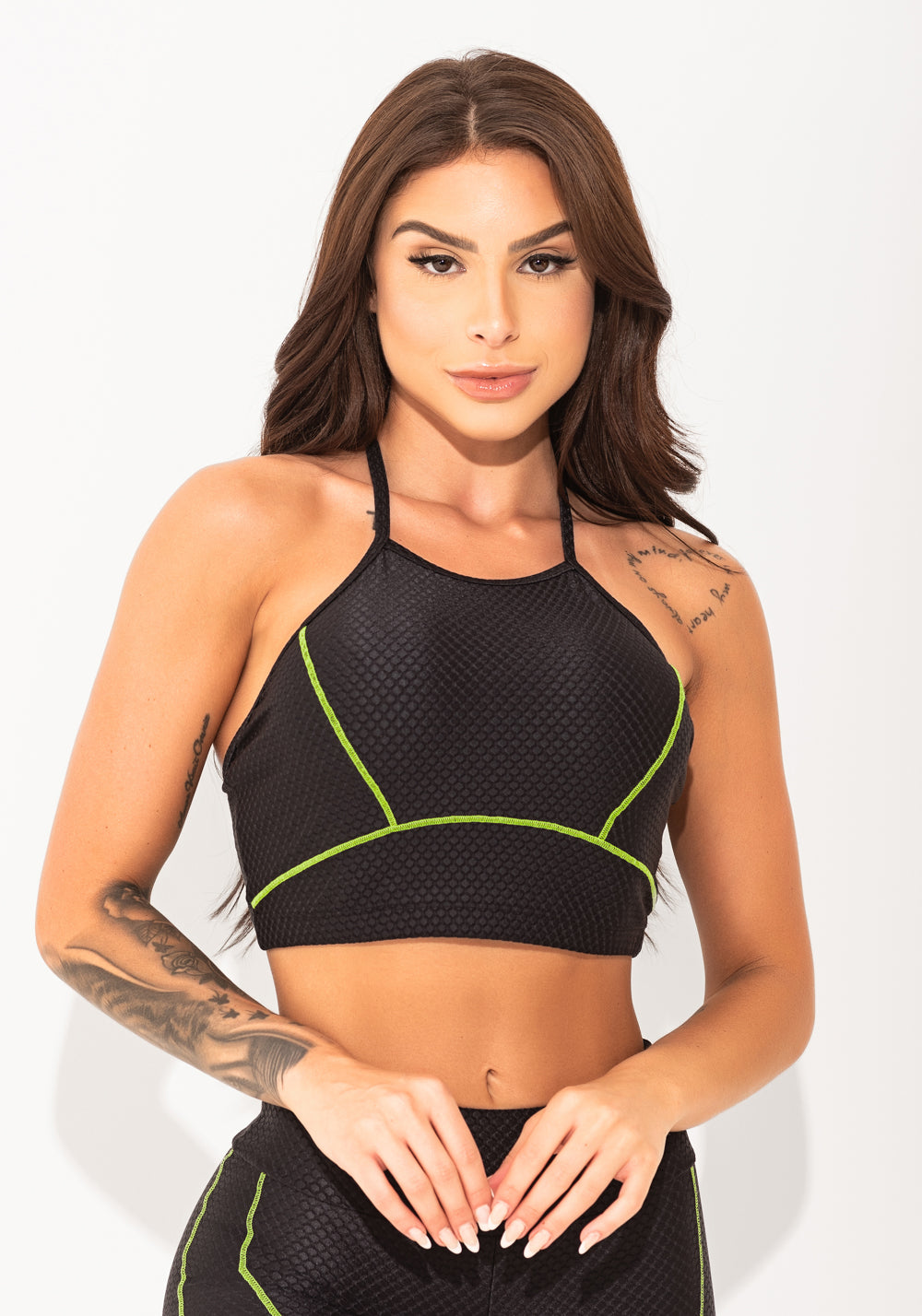 Top Fitness Feminino Preto Texturizado Com Pesponto Elegance Dlk