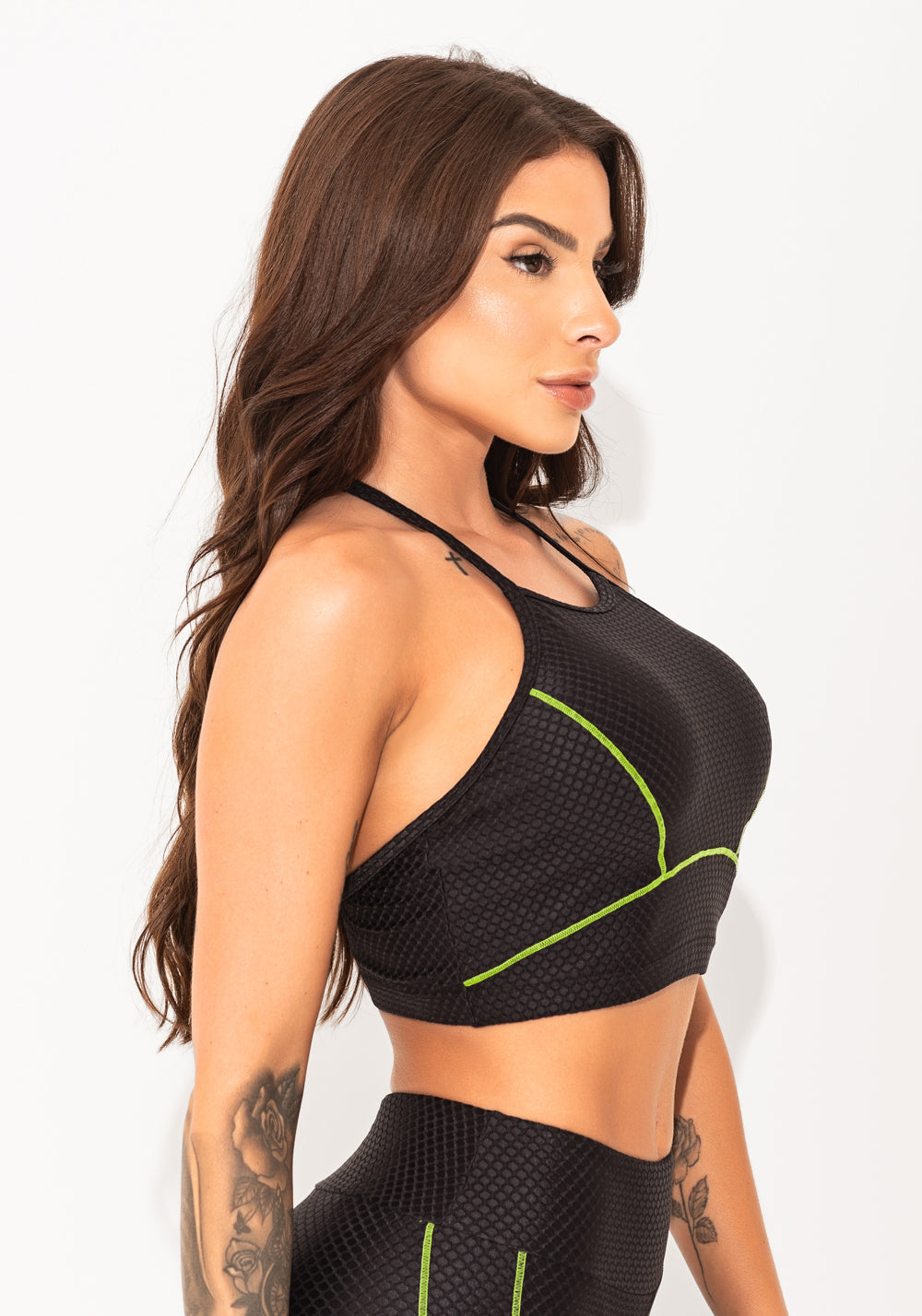 Top Fitness Feminino Preto Texturizado Com Pesponto Elegance Dlk
