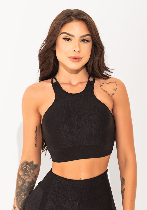 Top Fitness Feminino Preto Texturizado Com Alças Cruzadas Elegance Dlk