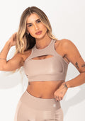 Top Fitness Feminino Nude Canelado Cut-out Elegance Dlk