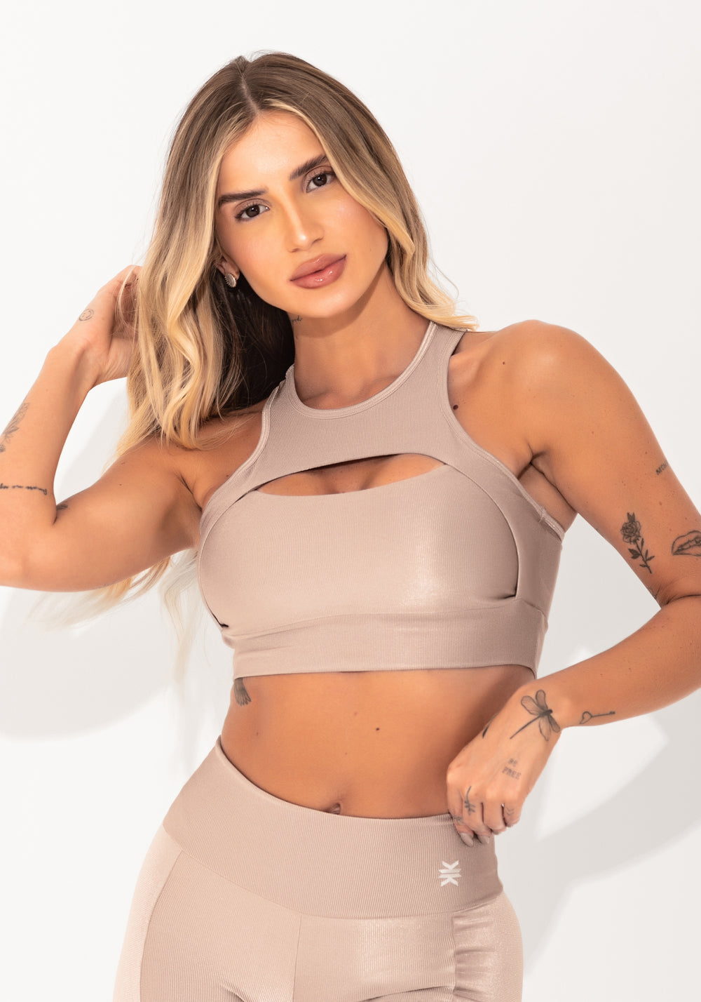 Top Fitness Feminino Nude Canelado Cut-out Elegance Dlk