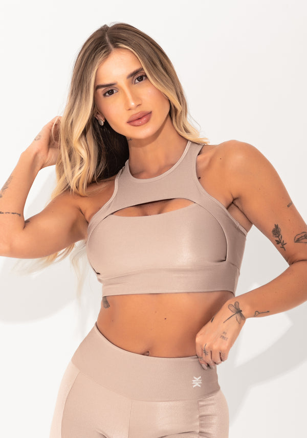 Top Fitness Feminino Nude Canelado Cut-out Elegance Dlk