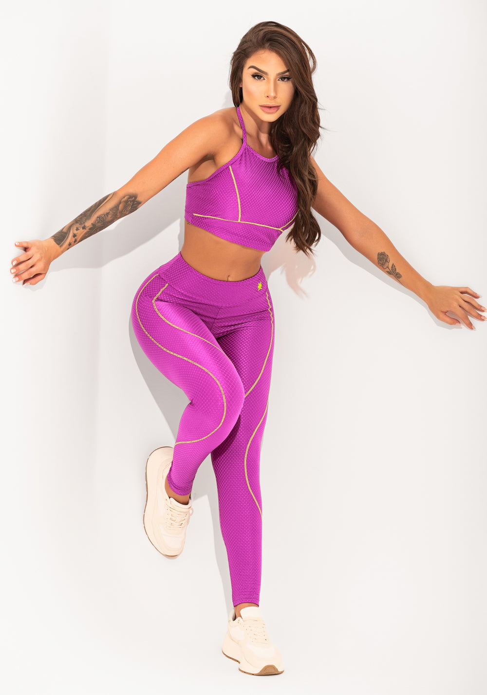 Legging Fitness Feminina Roxo Texturizada com Pesponto Elegance Dlk