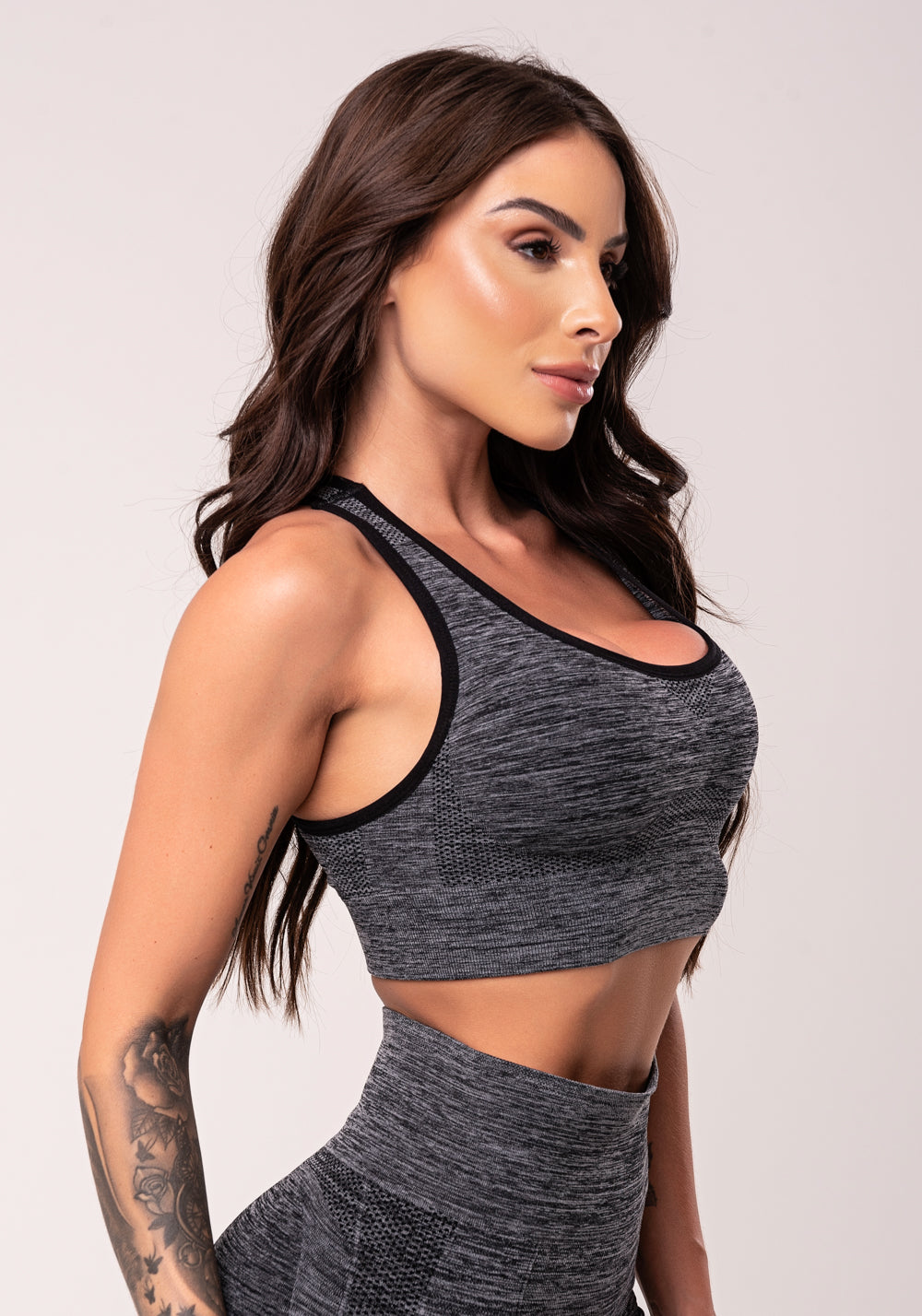 Top Fitness Feminino Mescla Modelo Nadador Com Bojo Seamless Dlk