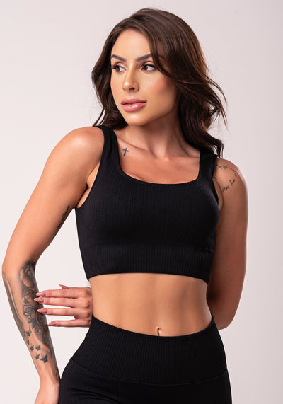 Top Fitness Feminino Preto Com Bojo E Alças Largas Seamless Dlk