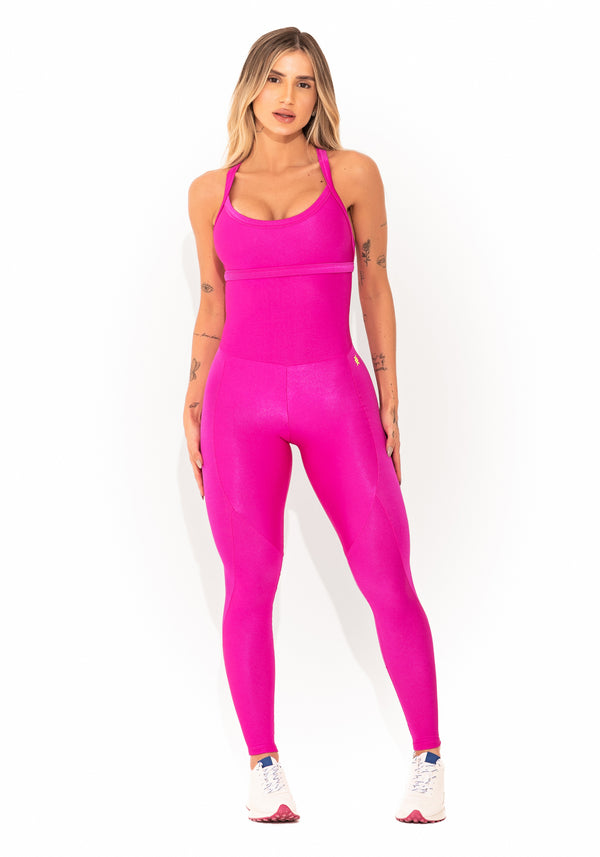 Macacão Fitness Feminino Rosa Canelado com Recortes Elegance Dlk