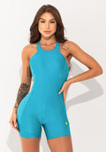 Macacão Curto Fitness Feminino Azul Texturizado com Alças Cruzadas Elegance Dlk