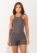 Macacão Curto Fitness Feminino Cinza Texturizado Com Alças Cruzadas Elegance Dlk