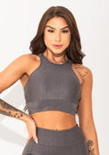Top Fitness Feminino Cinza Texturizado Com Alças Cruzadas Elegance Dlk