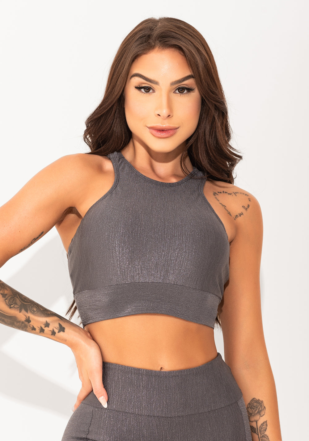 Top Fitness Feminino Cinza Texturizado Com Alças Cruzadas Elegance Dlk
