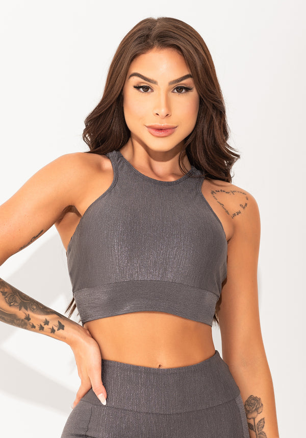 Top Fitness Feminino Cinza Texturizado Com Alças Cruzadas Elegance Dlk
